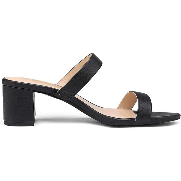 🆕Women Black PU Polyurethane Two Strap Open Toe Low Block Chunky Heel Sandals - Picture 2 of 8